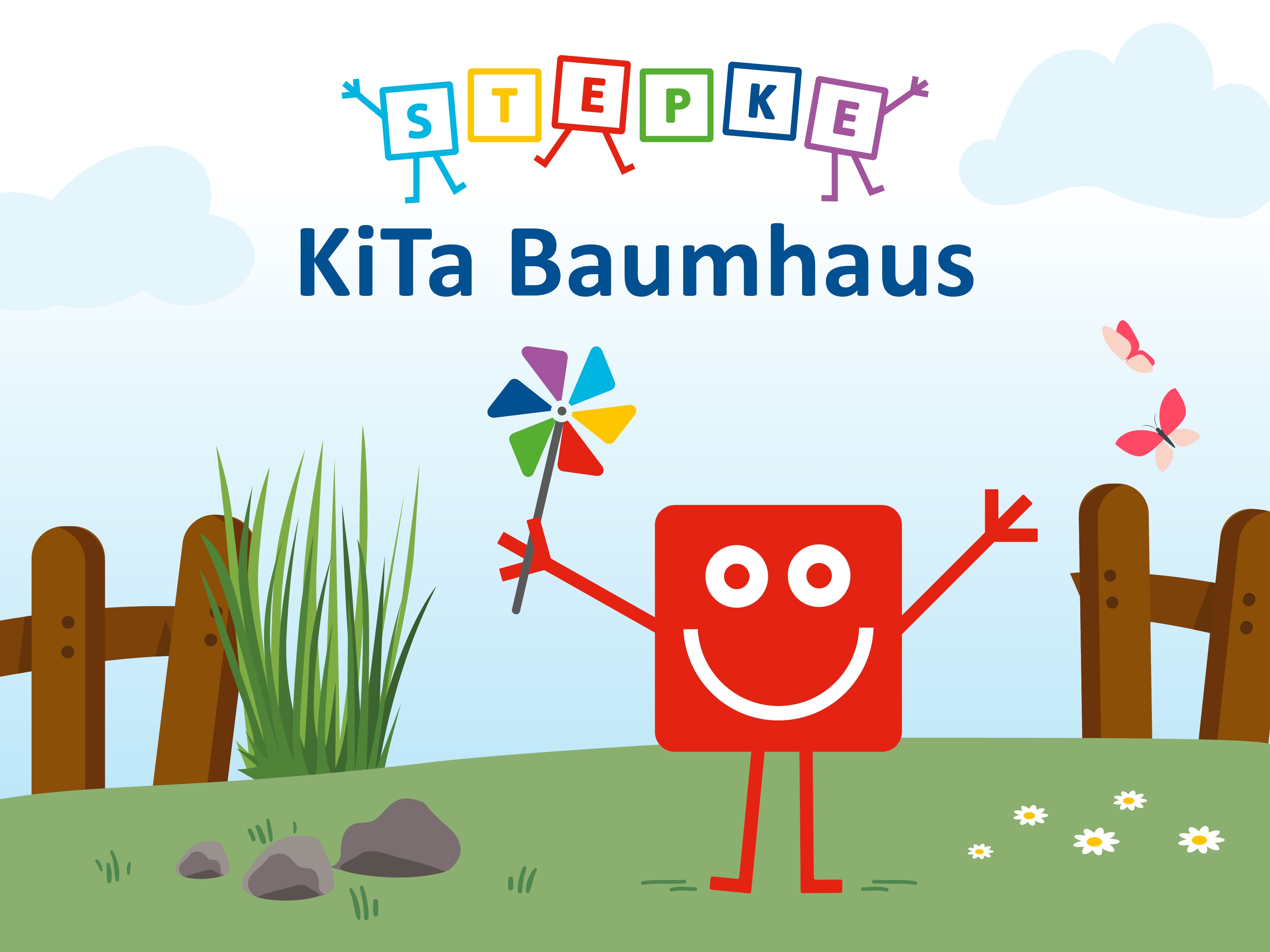 Auf dem Bild ist das Logo der Stepke KiTa Baumhaus zu sehen. Im Vordergrund steht eine rote Figur auf einer grünen Wiese mit einem Windrad in der Hand.